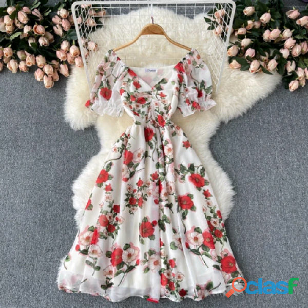 Vestido feminino manga bufante floral retro decote em v cintura alta