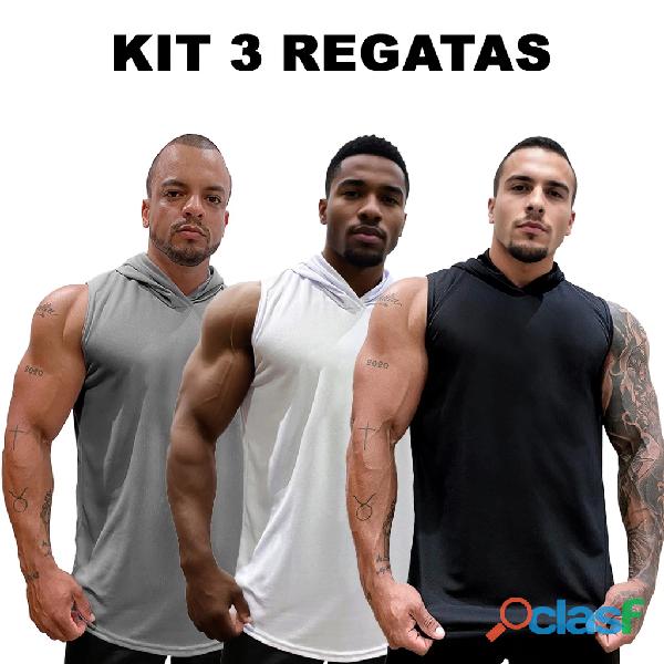 Kit com 3 camisetas regatas masculina longline em dry com capuz lisa sem estampa básica