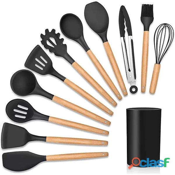 Jogo de Cozinha Kit C/12 Peças de Silicone, Utensílios e Copo Suporte para Cozinha Cabo de Madeira