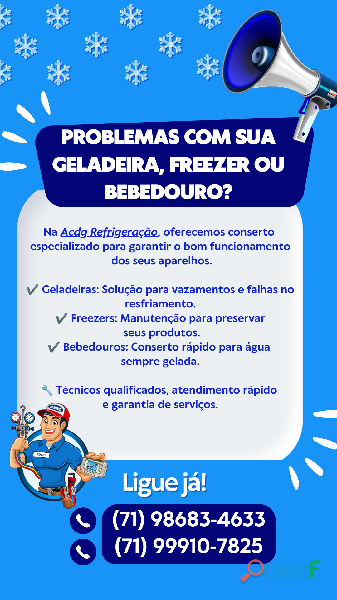 Atendimento para geladeira, freezer e bebedouro em Salvador, Bahia, com a ACDG Refrigeração.