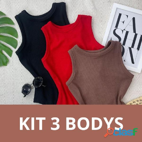 KIT 3 Body Feminino Atena Canelado Regata Premium Ana ruga