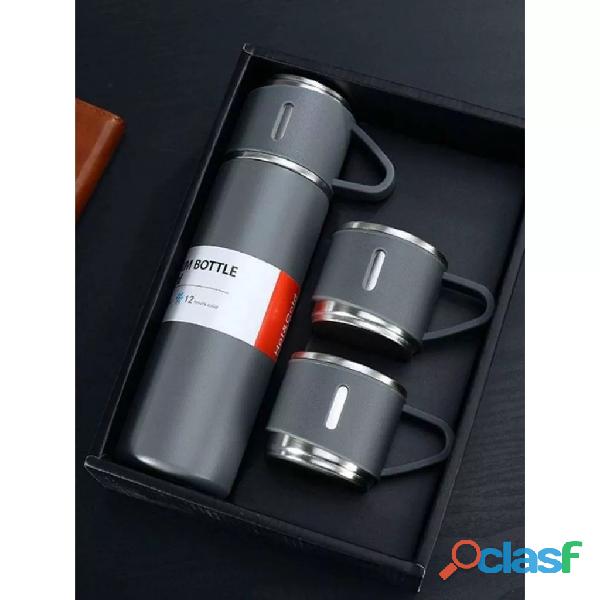 Kit Garrafa Térmica Vacuum Bottle Inox 500ml + 3 Xícaras Bebidas Fria ou Quente 13