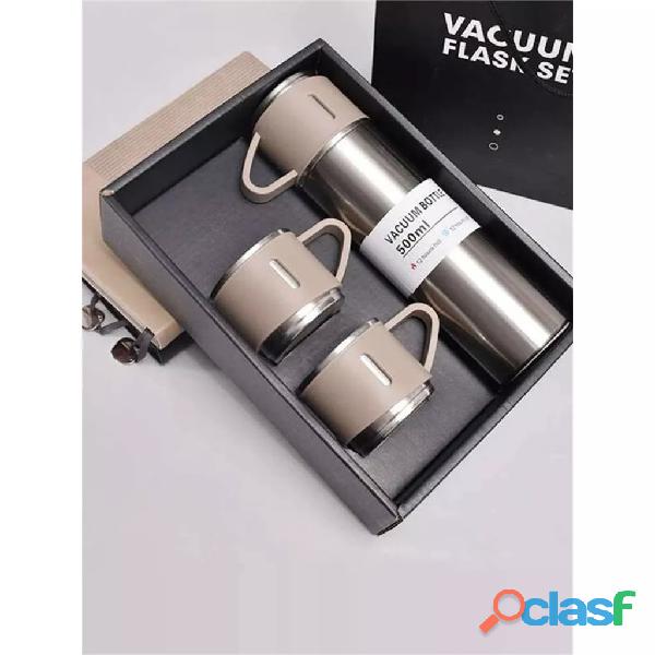 Kit Garrafa Térmica Vacuum Bottle Inox 500ml + 3 Xícaras Bebidas Fria ou Quente 9