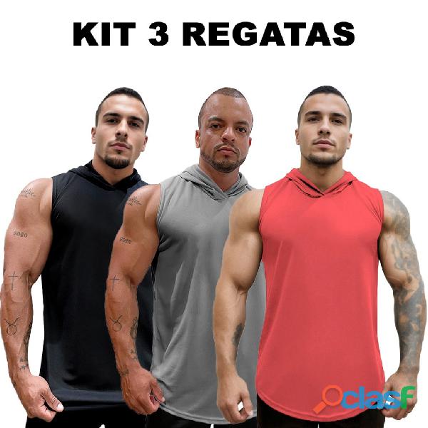 Kit com 3 Camisetas Regatas Masculina Longline Dry com Capuz Lisa Sem Estampa Básica Secagem Rápida 2