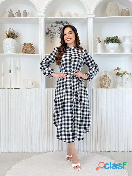 Vestido De Frio Midi Xadrez Com Botões Cinto e Manga Longa Bufante Moda 2