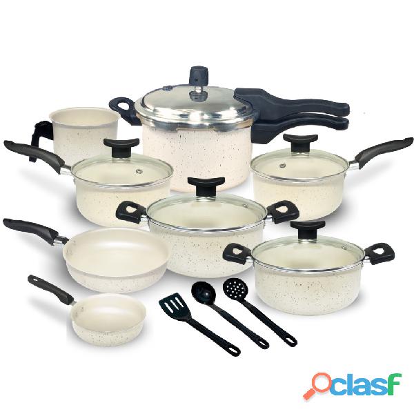 Jogo de Panelas Teflon Munique 11 Pçs com Panela de Pressão fechamento externo de 2.5L com 2 Jogo de Panelas Teflon Munique 11 Pçs com Panela de Pressão fechamento externo de 2.5L com 2