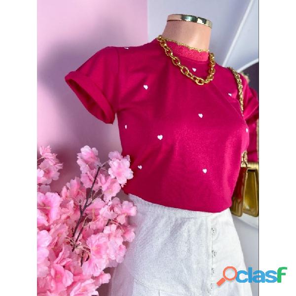 Blusa Camiseta Babylook T shirt Gola Lurex Algodão Poa Coração 2