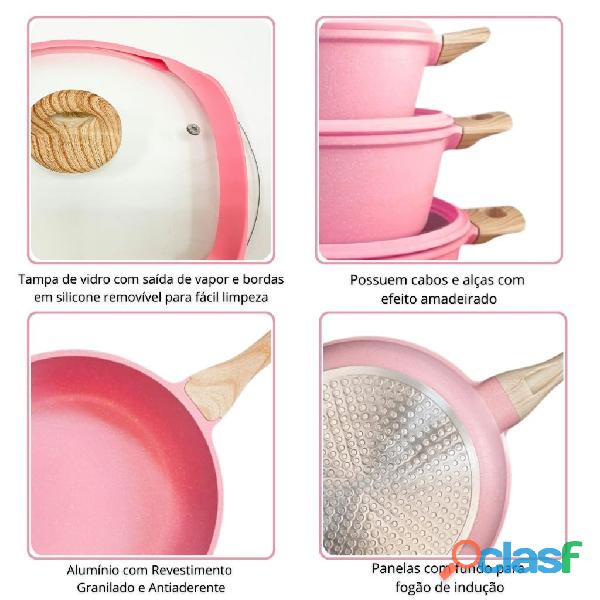 Jogo de Panelas 5 Peças Indução Gás Conjunto de Panelas Revestido em Cerâmica Granito Antiaderente F 4