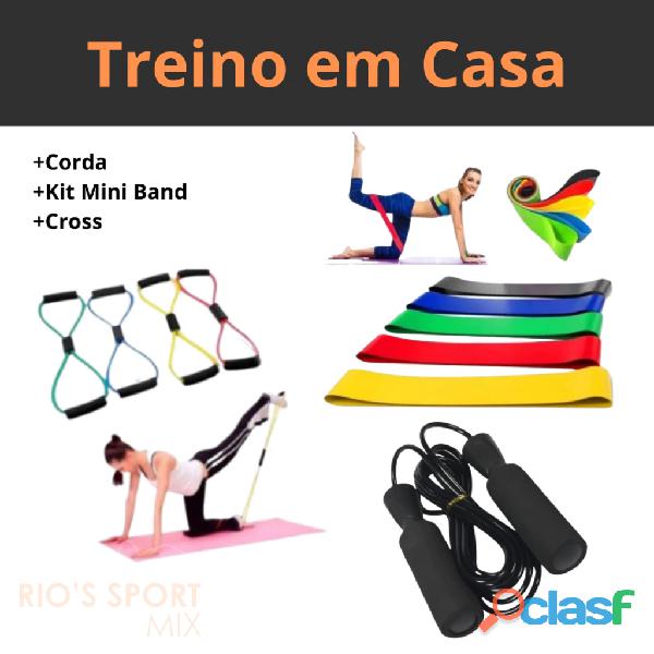 Kit treino em casa elástico extensor cross tube + corda de pular + kit com 5 faixas Kit treino em casa elástico extensor cross tube + corda de pular + kit com 5 faixas