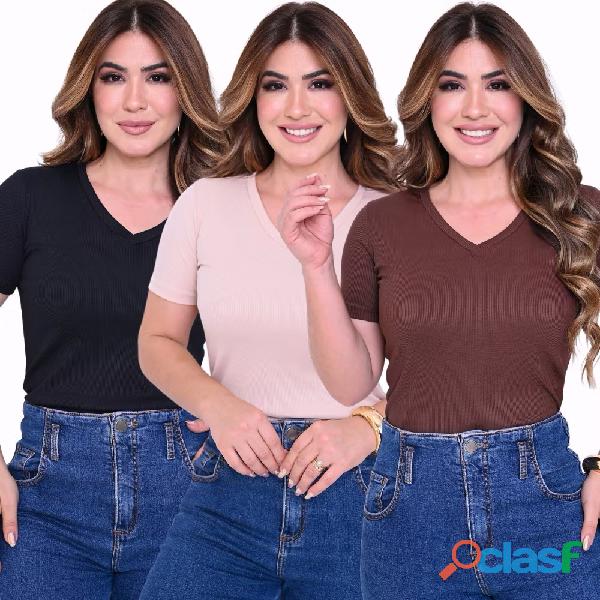 T SHIRT KIT COM 3 GOLA V DECOTADA CANELADA BLUSA BASICA MANGA 2